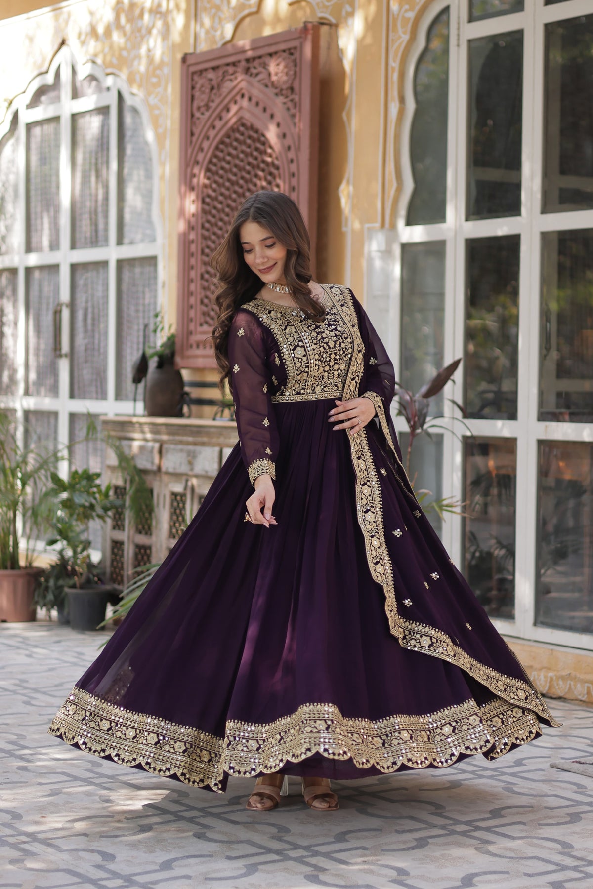 Purple and Blue Premium Designer Readymade Gown with Dupatta