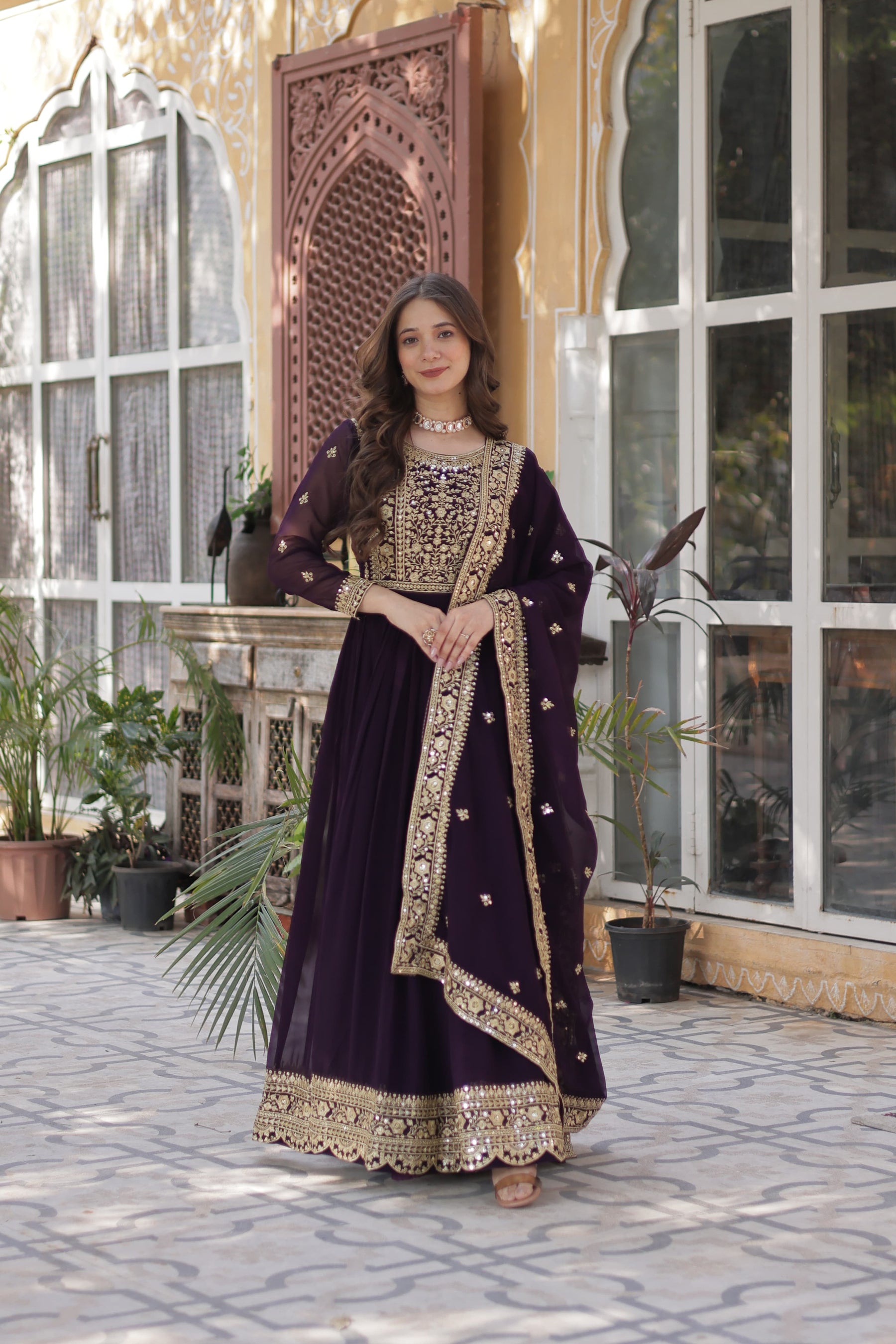 Purple and Blue Premium Designer Readymade Gown with Dupatta