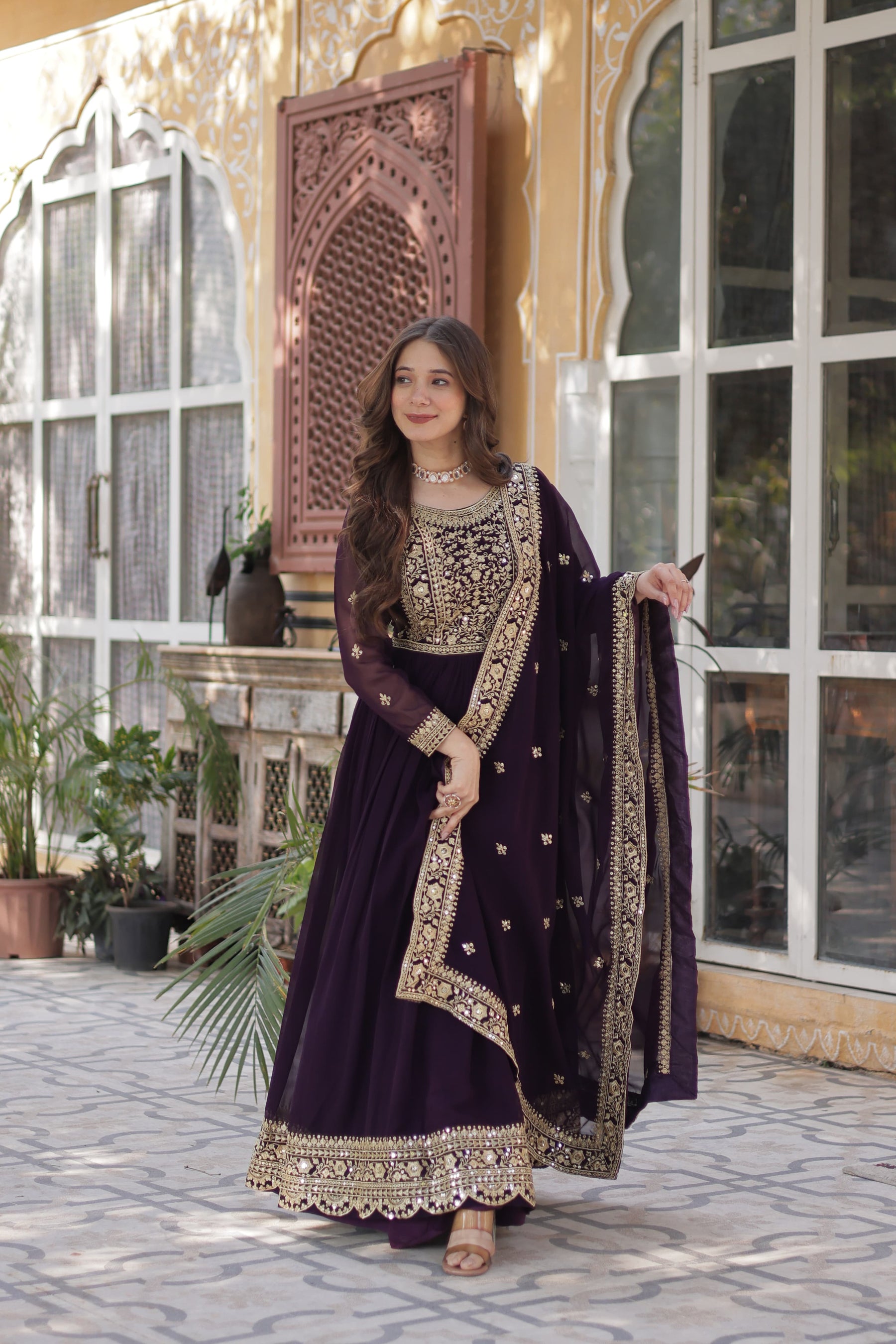Purple and Blue Premium Designer Readymade Gown with Dupatta