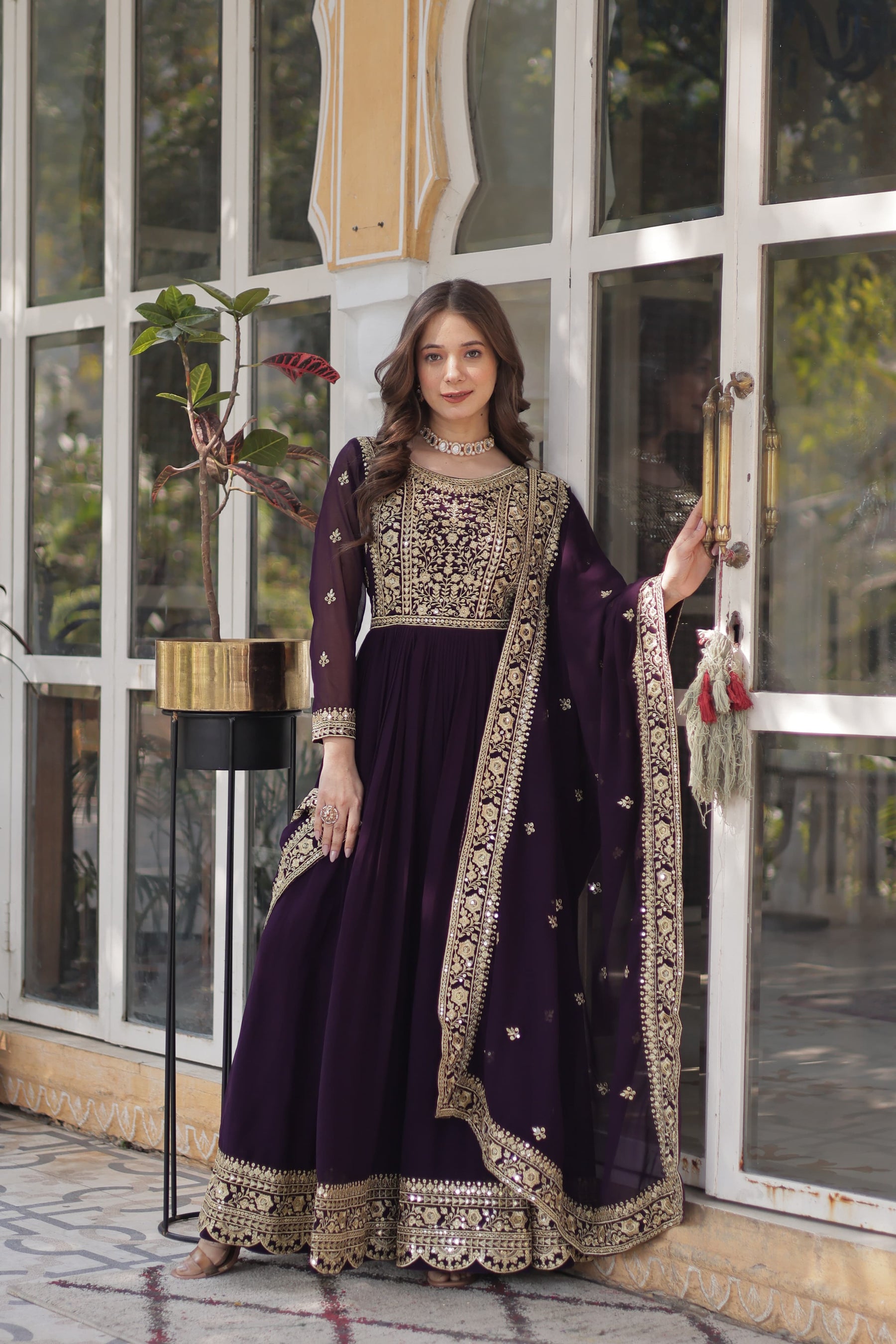 Purple and Blue Premium Designer Readymade Gown with Dupatta