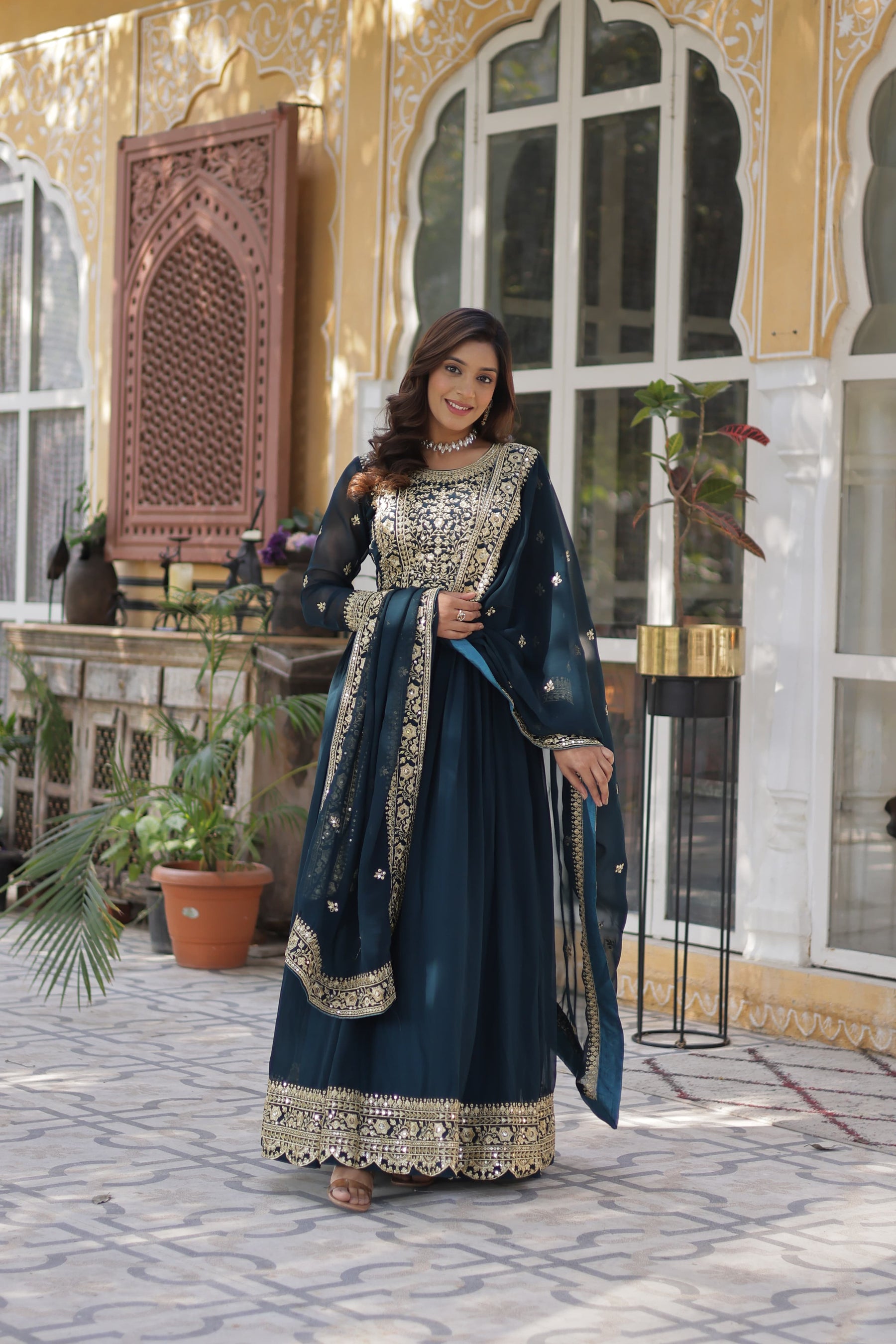 Purple and Blue Premium Designer Readymade Gown with Dupatta
