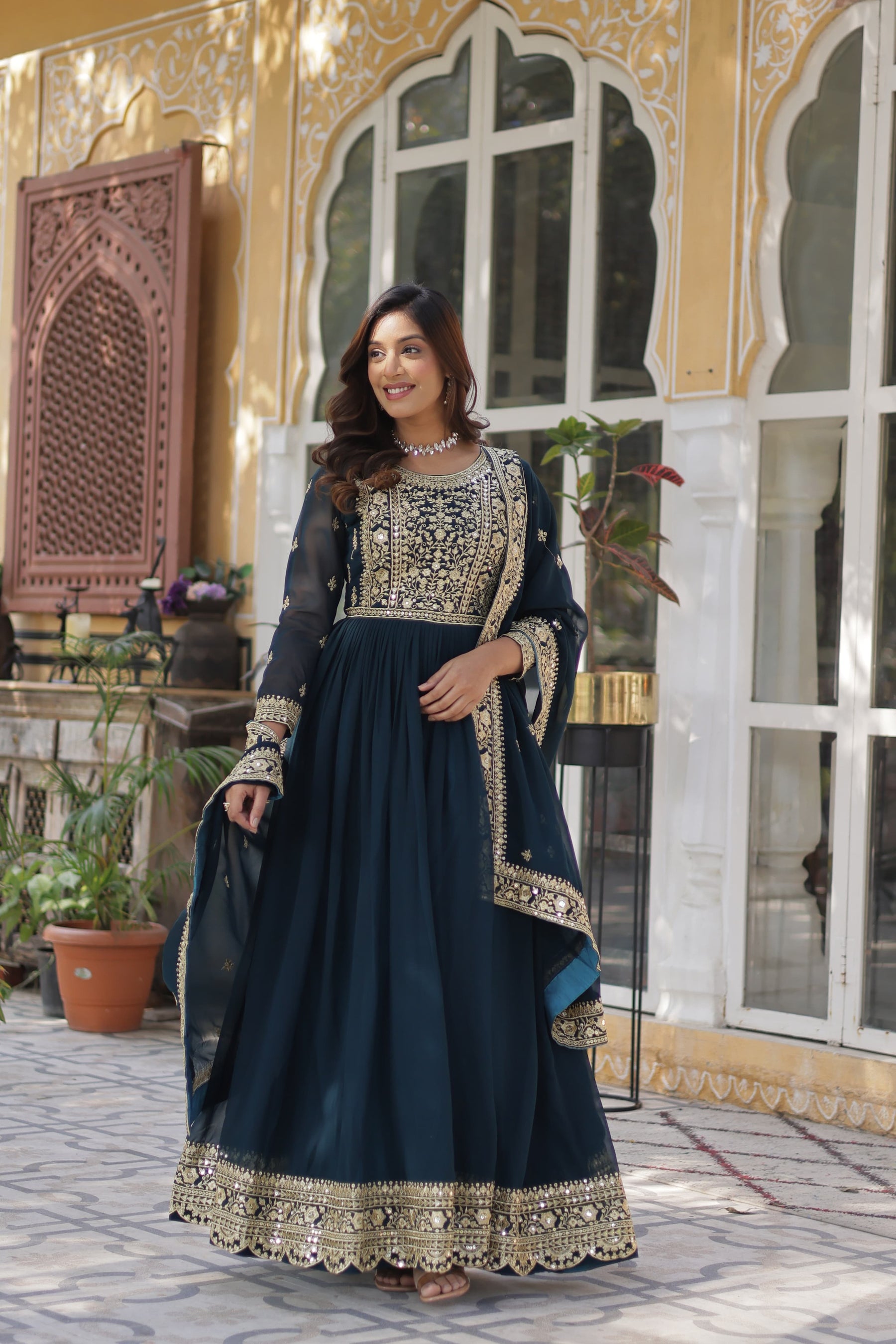 Purple and Blue Premium Designer Readymade Gown with Dupatta