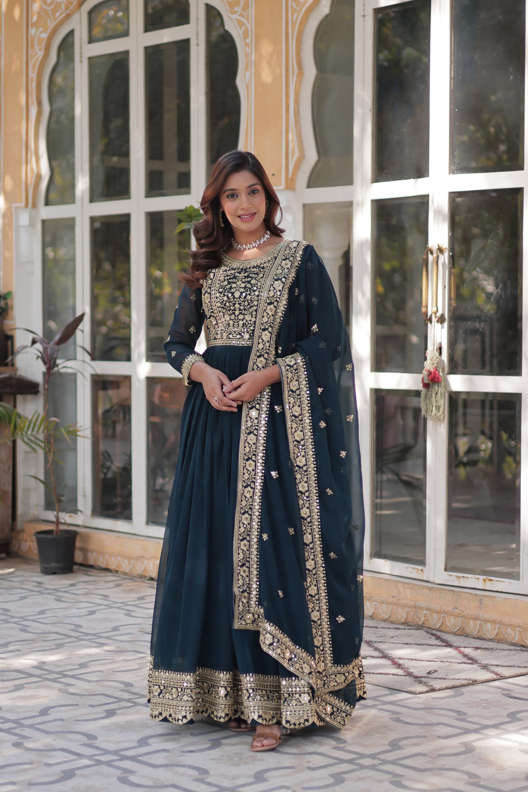 Purple and Blue Premium Designer Readymade Gown with Dupatta