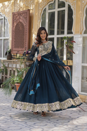 Purple and Blue Premium Designer Readymade Gown with Dupatta