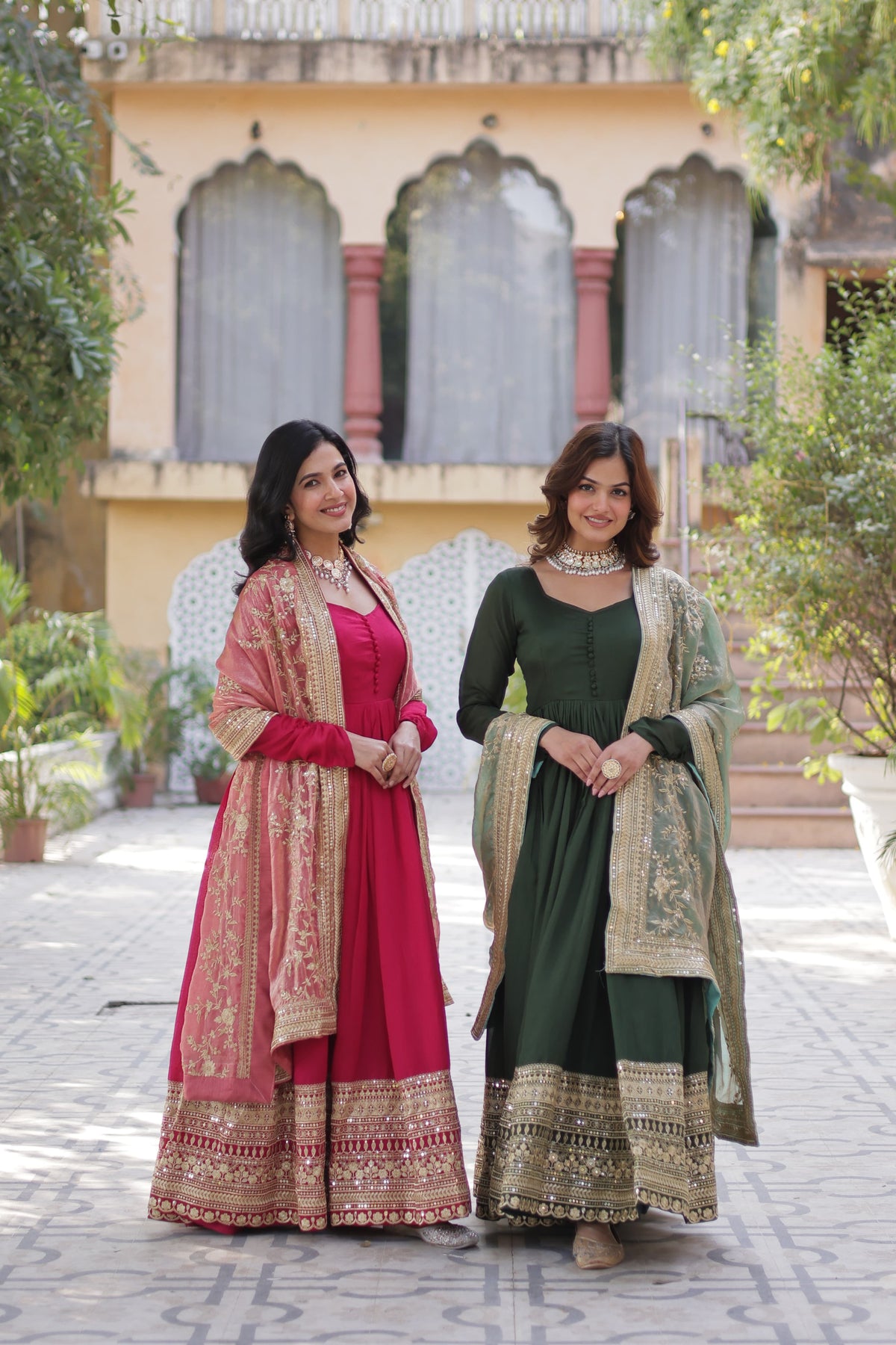 Green &  hot Pink Shimmer Vichitra Gown with Dupatta