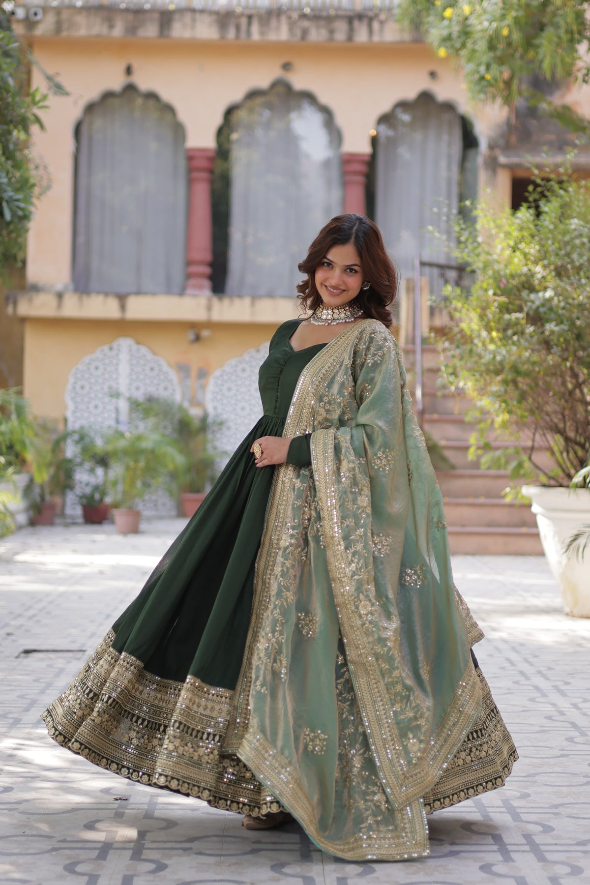 Green &  hot Pink Shimmer Vichitra Gown with Dupatta