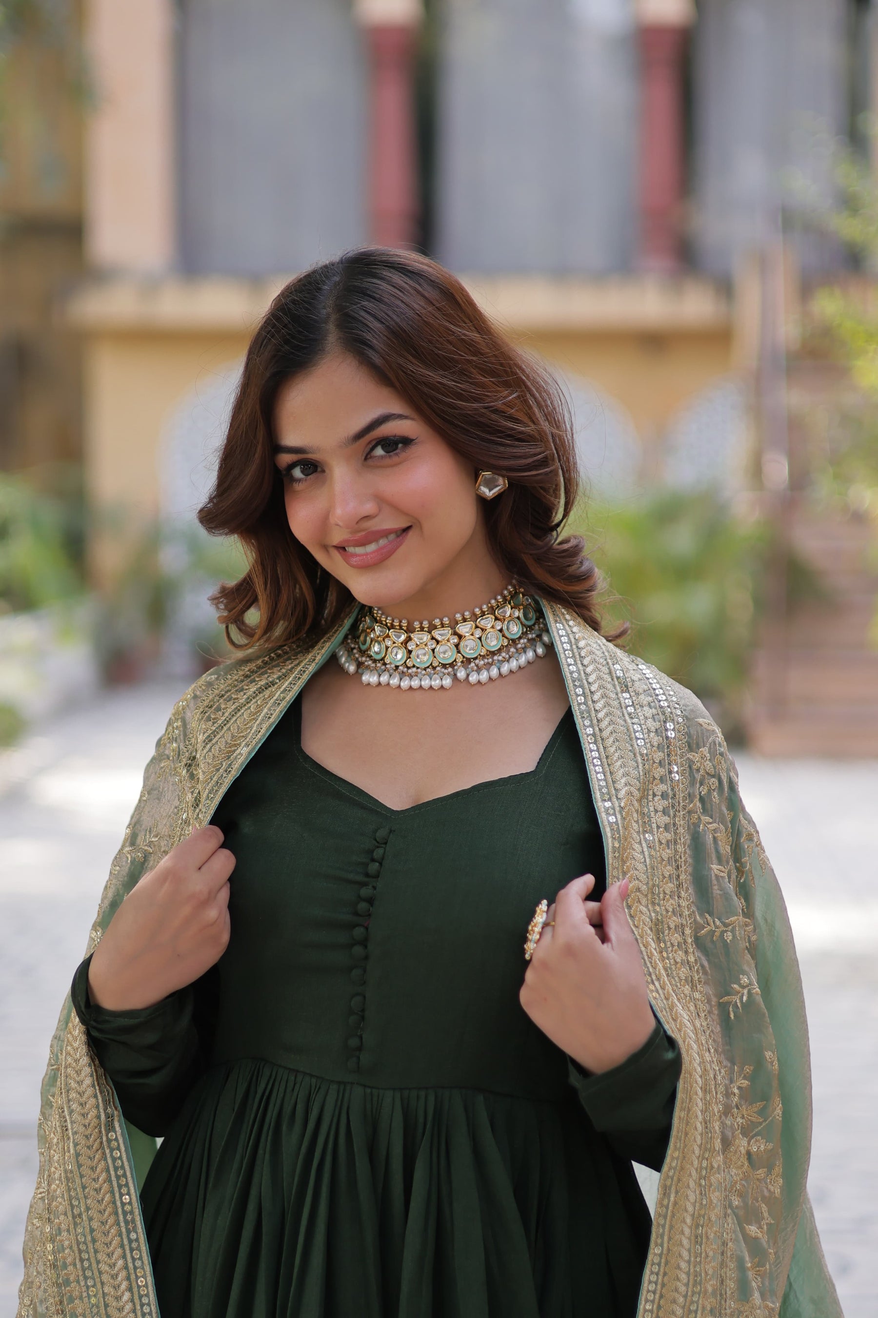 Green &  hot Pink Shimmer Vichitra Gown with Dupatta