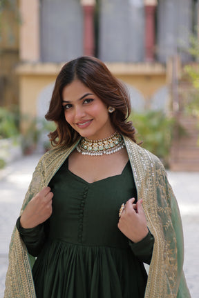 Green &  hot Pink Shimmer Vichitra Gown with Dupatta