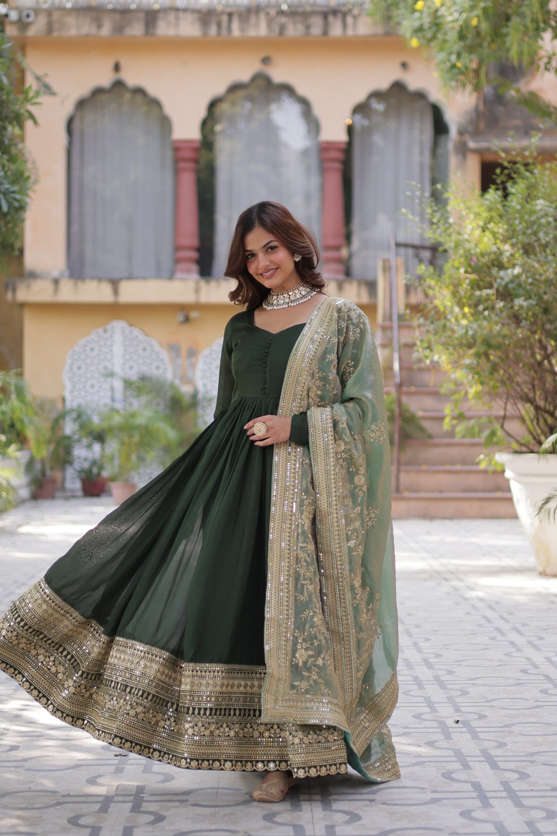 Green &  hot Pink Shimmer Vichitra Gown with Dupatta