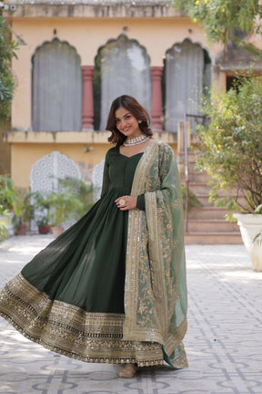 Green &  hot Pink Shimmer Vichitra Gown with Dupatta