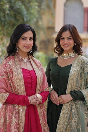Green &  hot Pink Shimmer Vichitra Gown with Dupatta