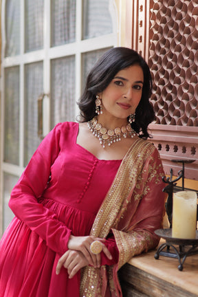 Green &  hot Pink Shimmer Vichitra Gown with Dupatta