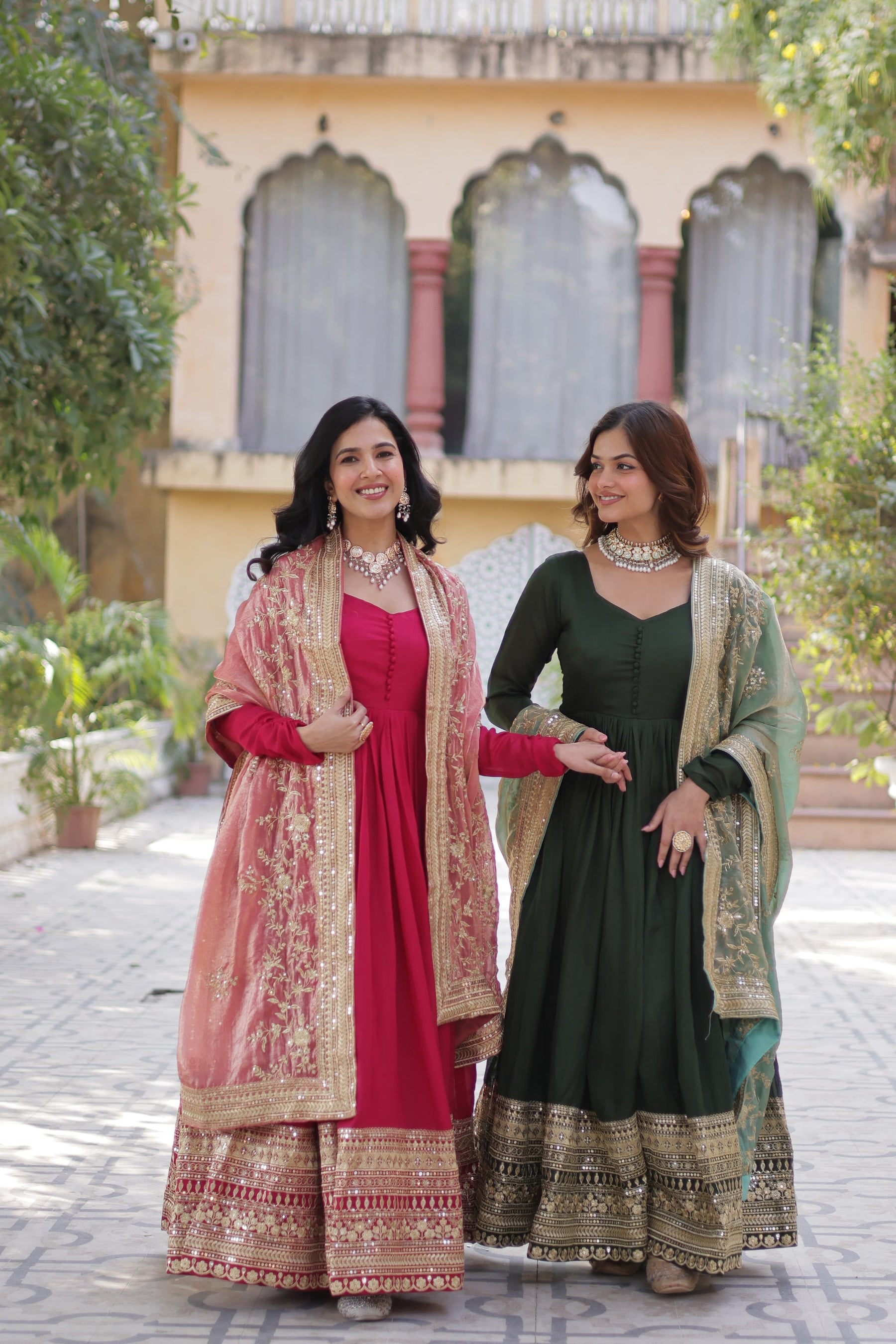 Green &  hot Pink Shimmer Vichitra Gown with Dupatta