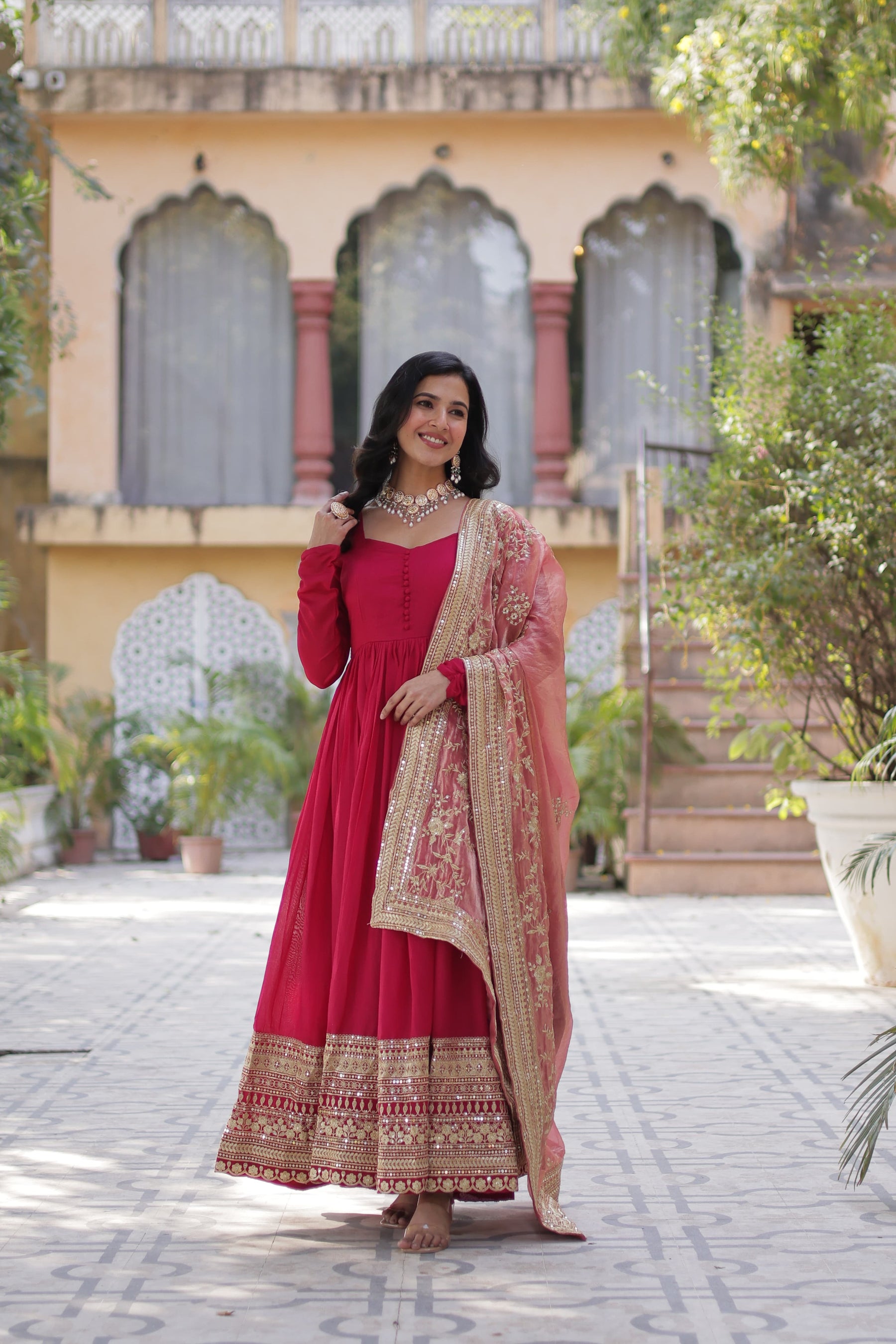 Green &  hot Pink Shimmer Vichitra Gown with Dupatta