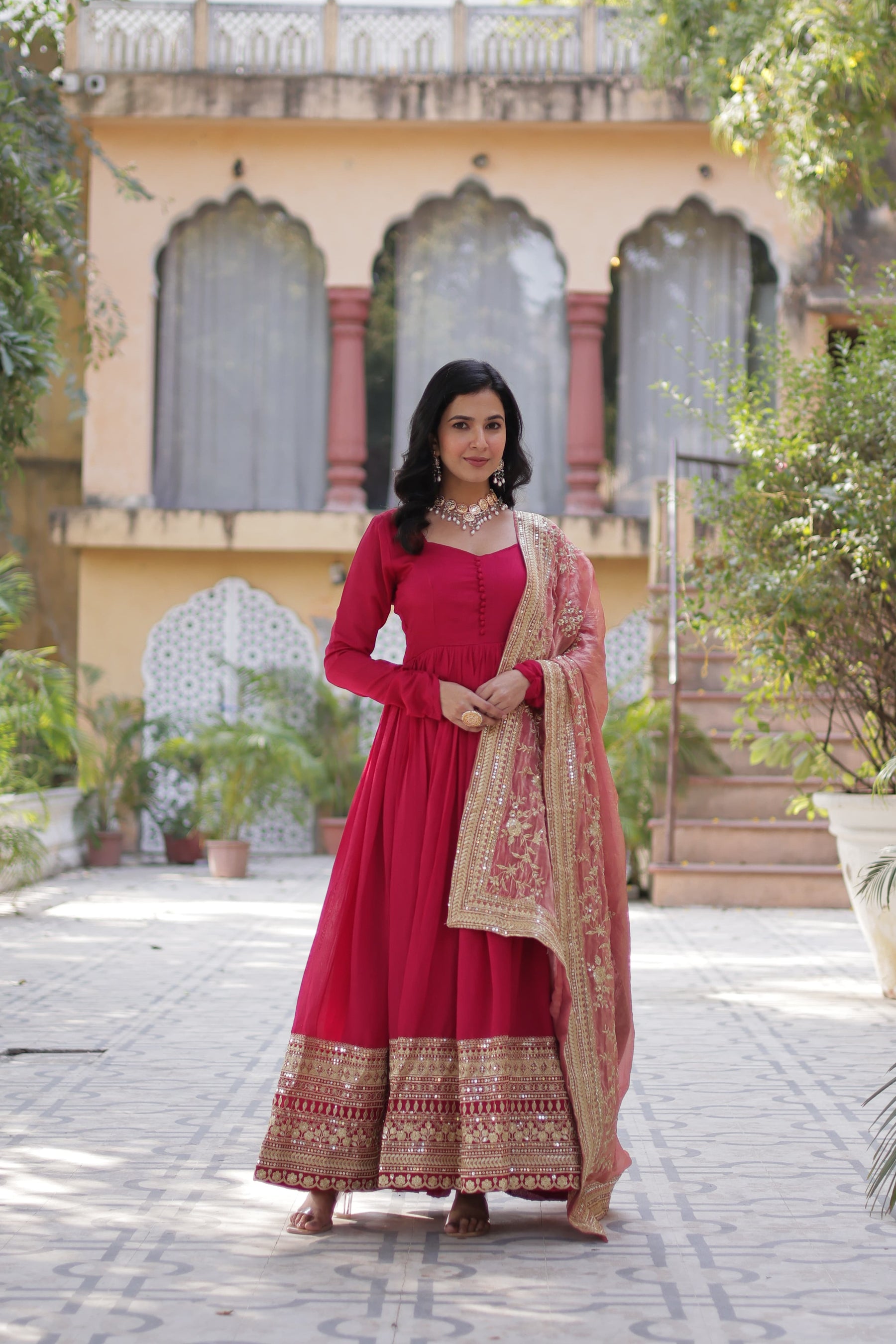 Green &  hot Pink Shimmer Vichitra Gown with Dupatta