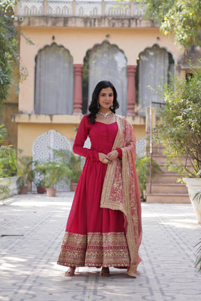 Green &  hot Pink Shimmer Vichitra Gown with Dupatta