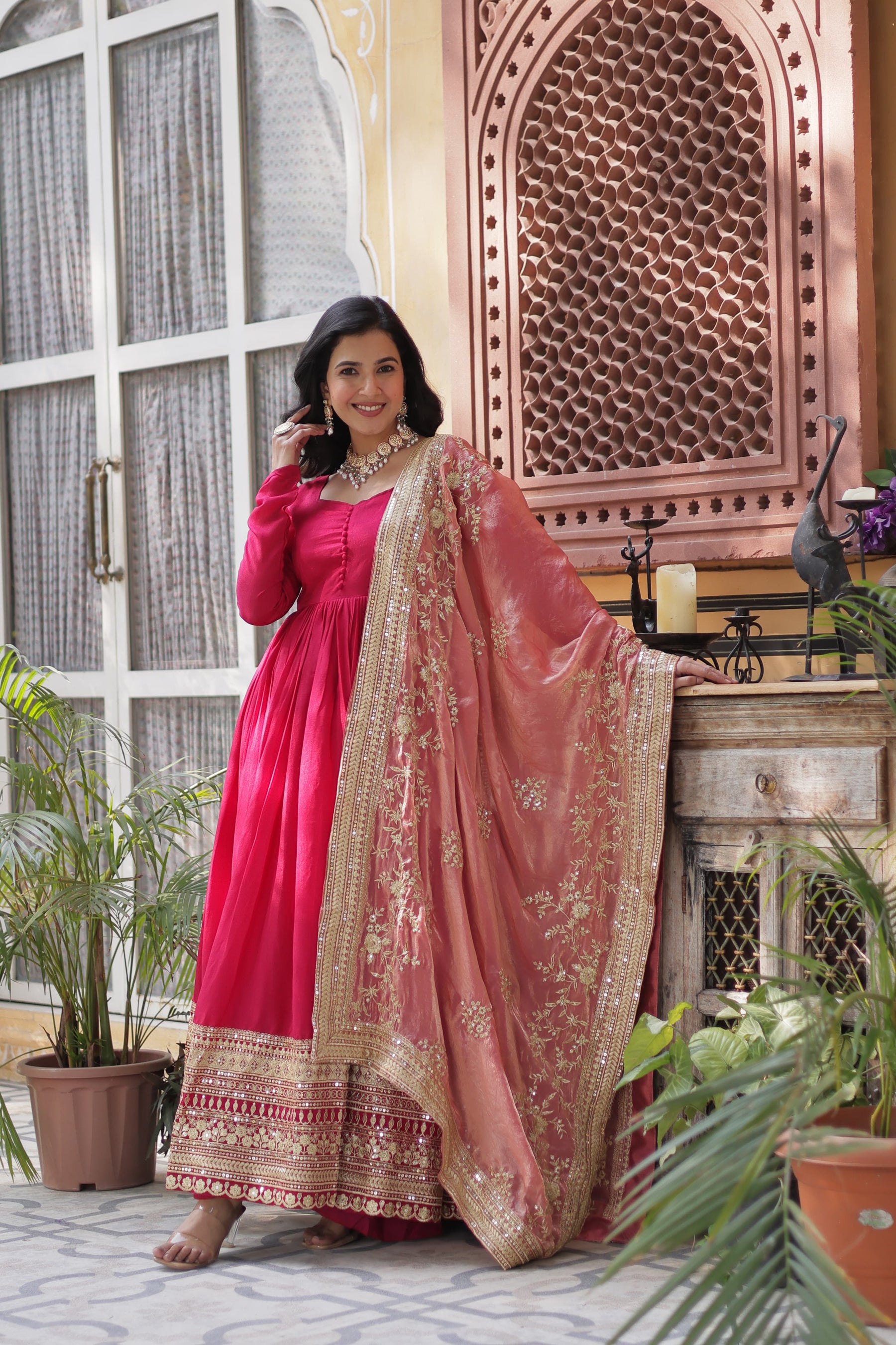 Green &  hot Pink Shimmer Vichitra Gown with Dupatta