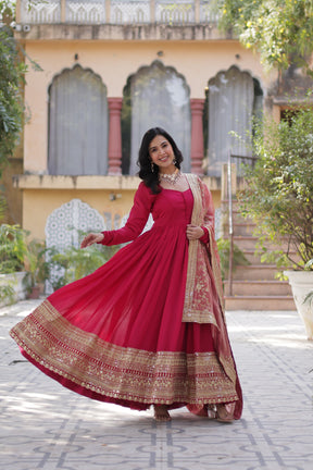 Green &  hot Pink Shimmer Vichitra Gown with Dupatta