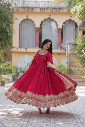 Green &  hot Pink Shimmer Vichitra Gown with Dupatta
