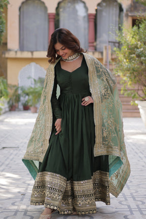 Green &  hot Pink Shimmer Vichitra Gown with Dupatta