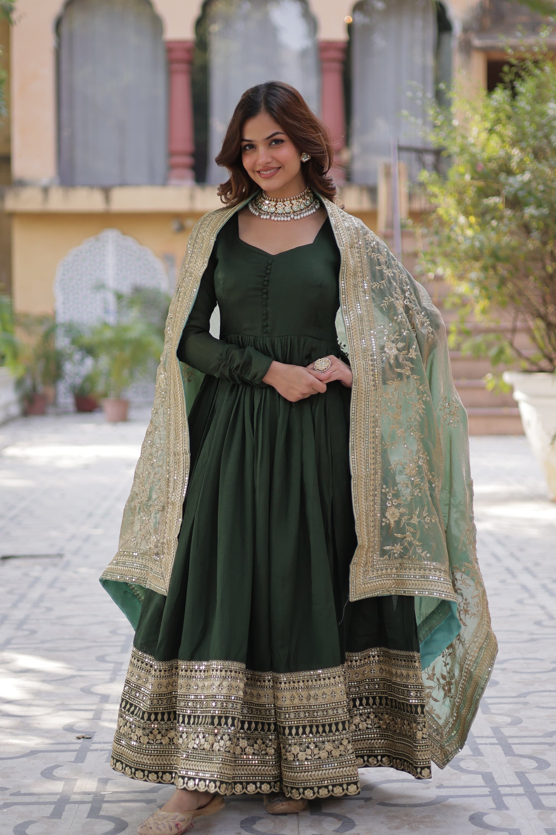 Green &  hot Pink Shimmer Vichitra Gown with Dupatta