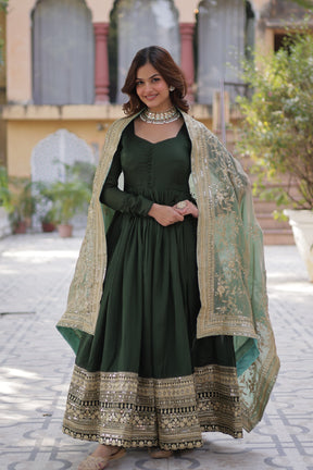 Green &  hot Pink Shimmer Vichitra Gown with Dupatta