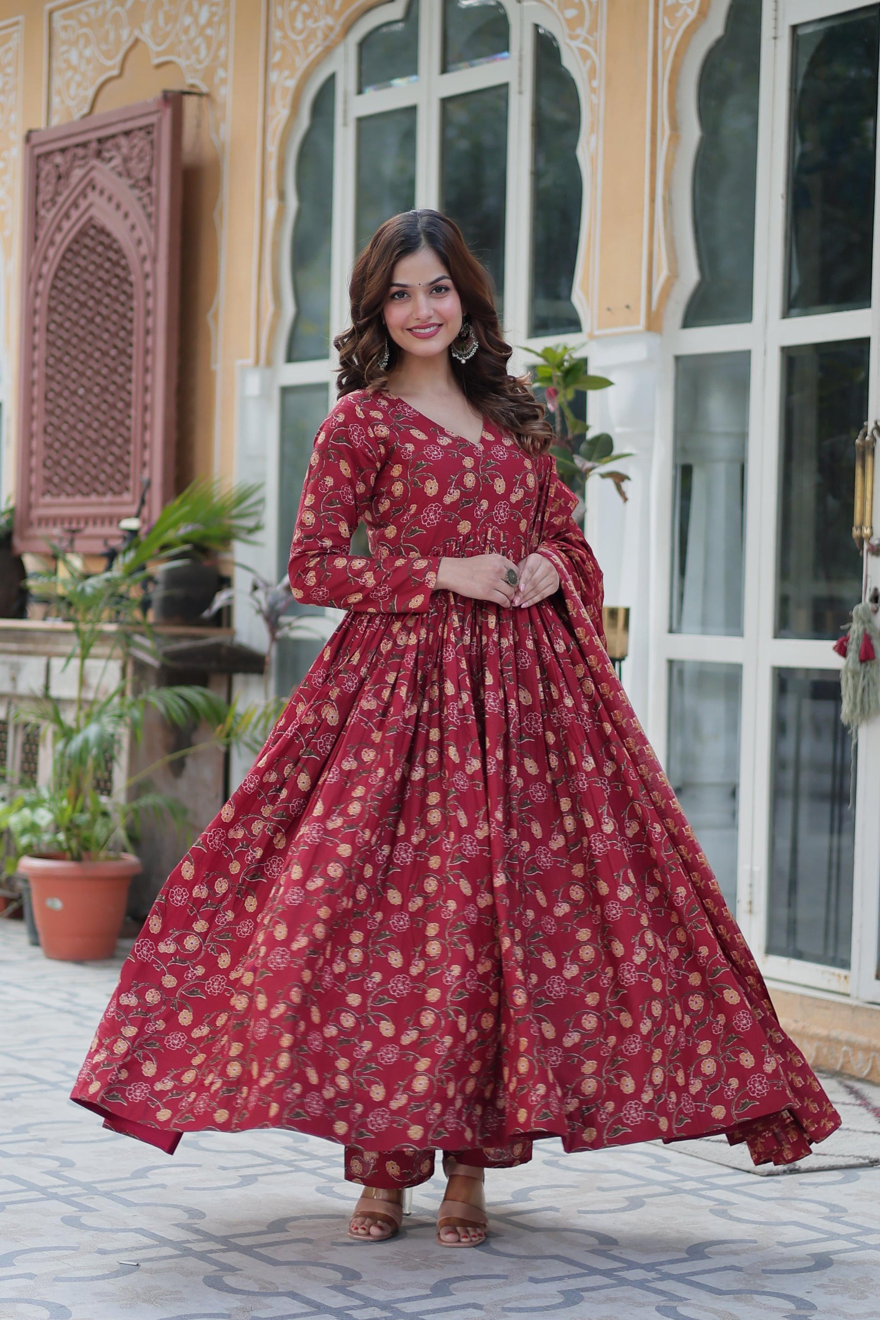 Premium Pure Cotton Gown Set with Pant & Dupatta