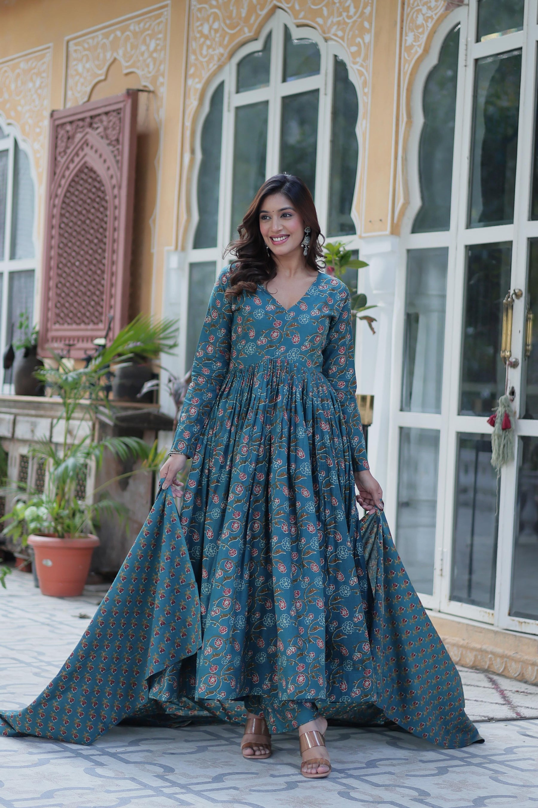 Premium Pure Cotton Gown Set with Pant & Dupatta