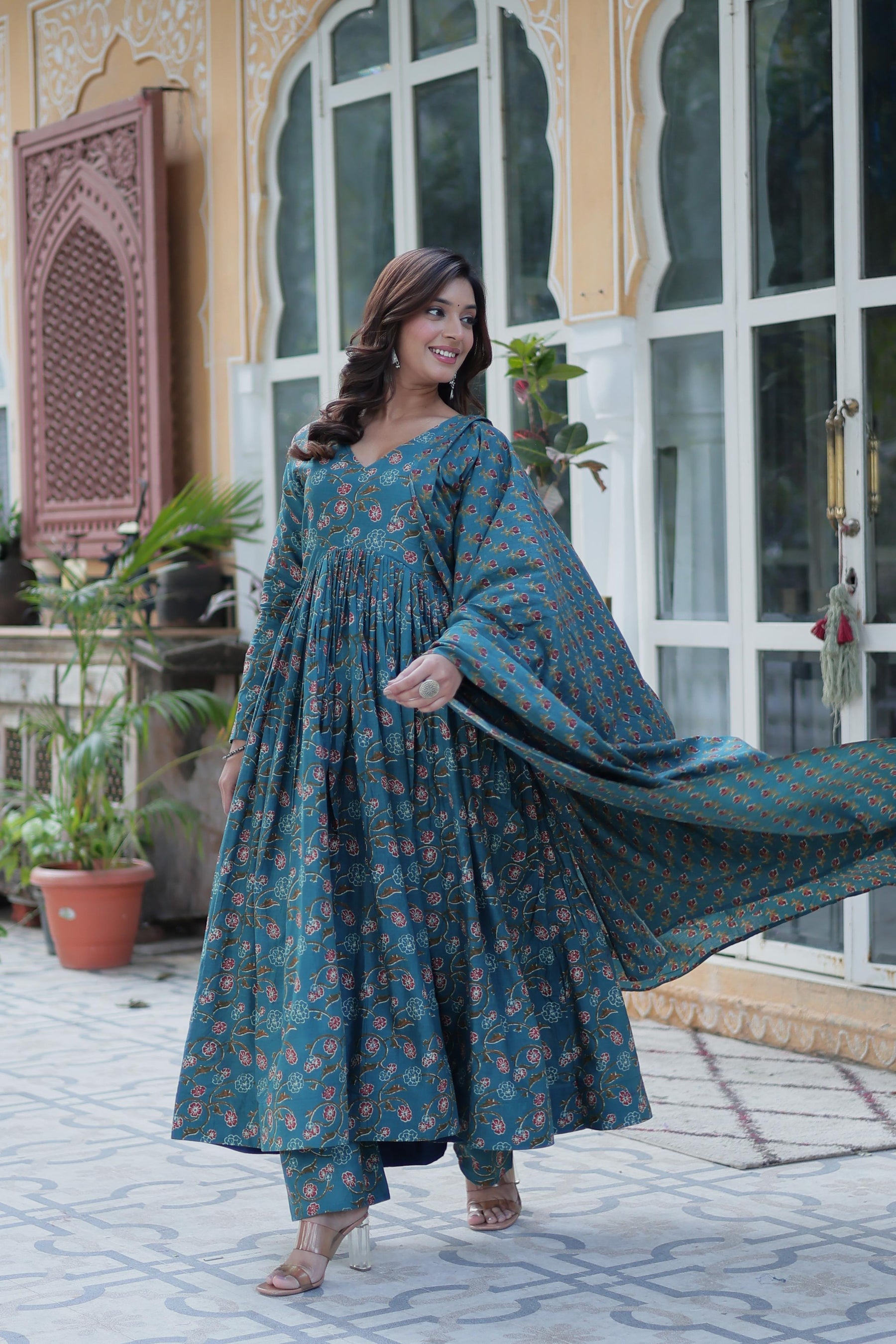 Premium Pure Cotton Gown Set with Pant & Dupatta