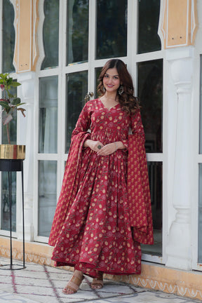 Premium Pure Cotton Gown Set with Pant & Dupatta