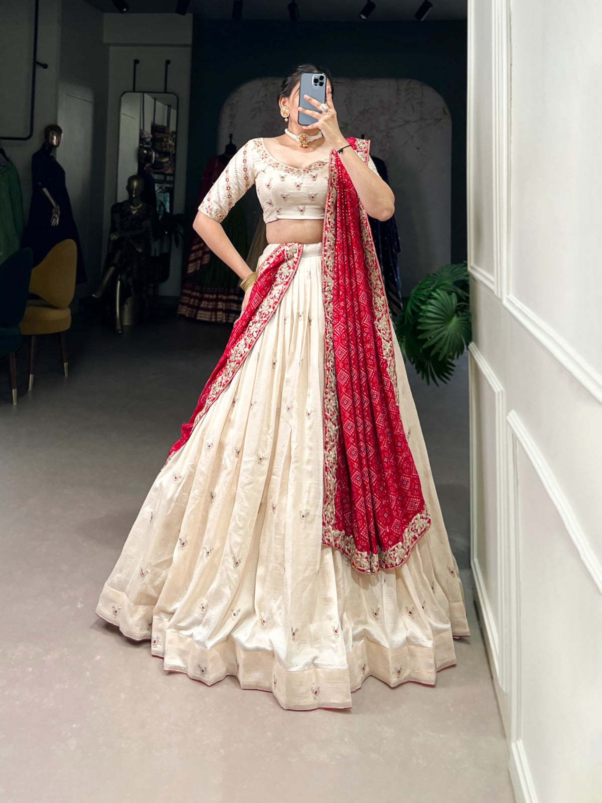 Off White Vichitra Silk Lehenga Choli Set