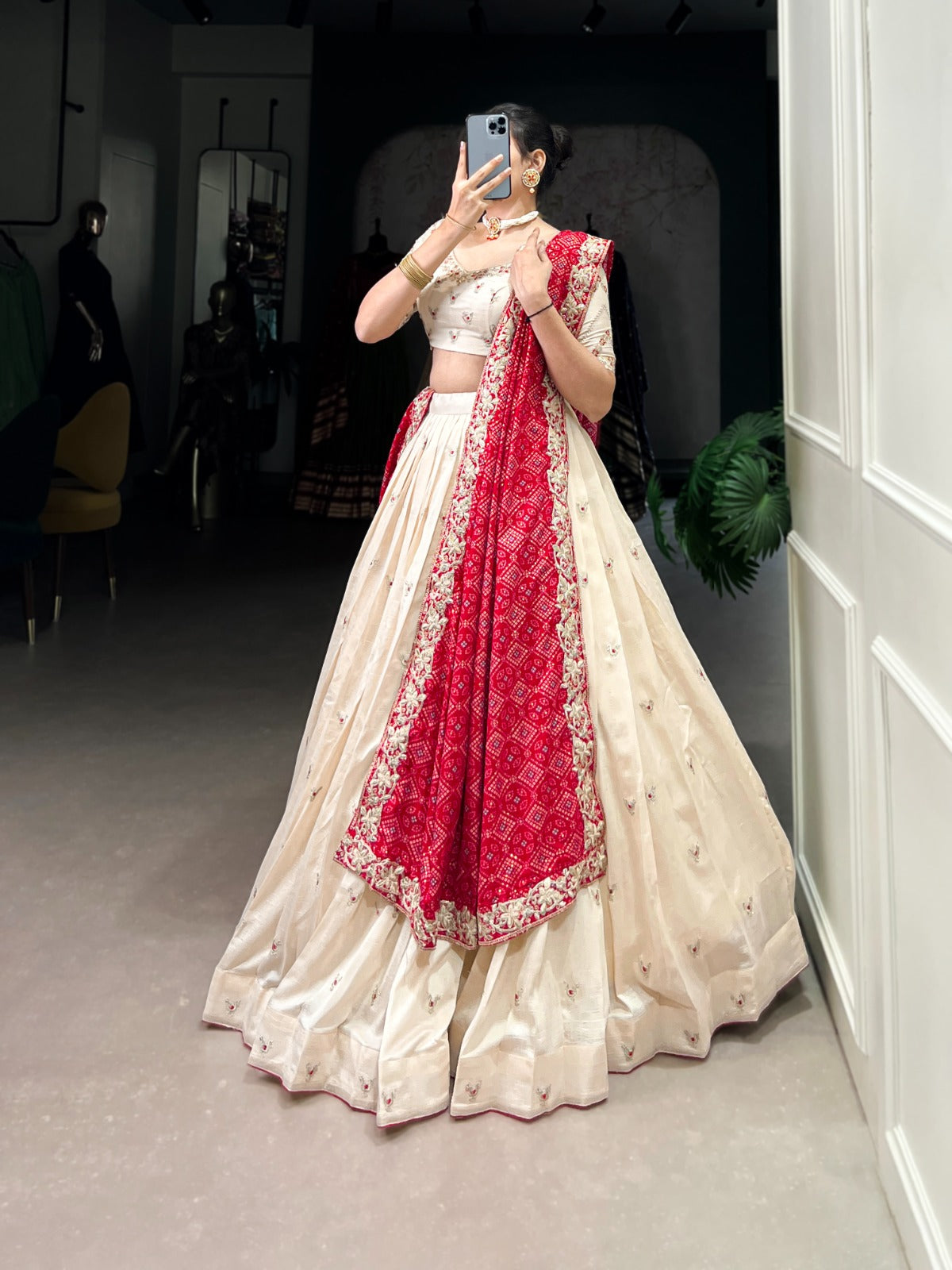 Off White Vichitra Silk Lehenga Choli Set