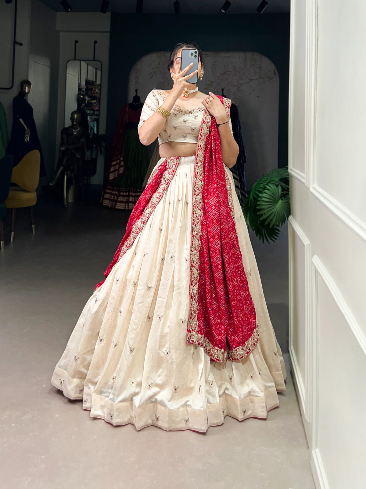 Off White Vichitra Silk Lehenga Choli Set