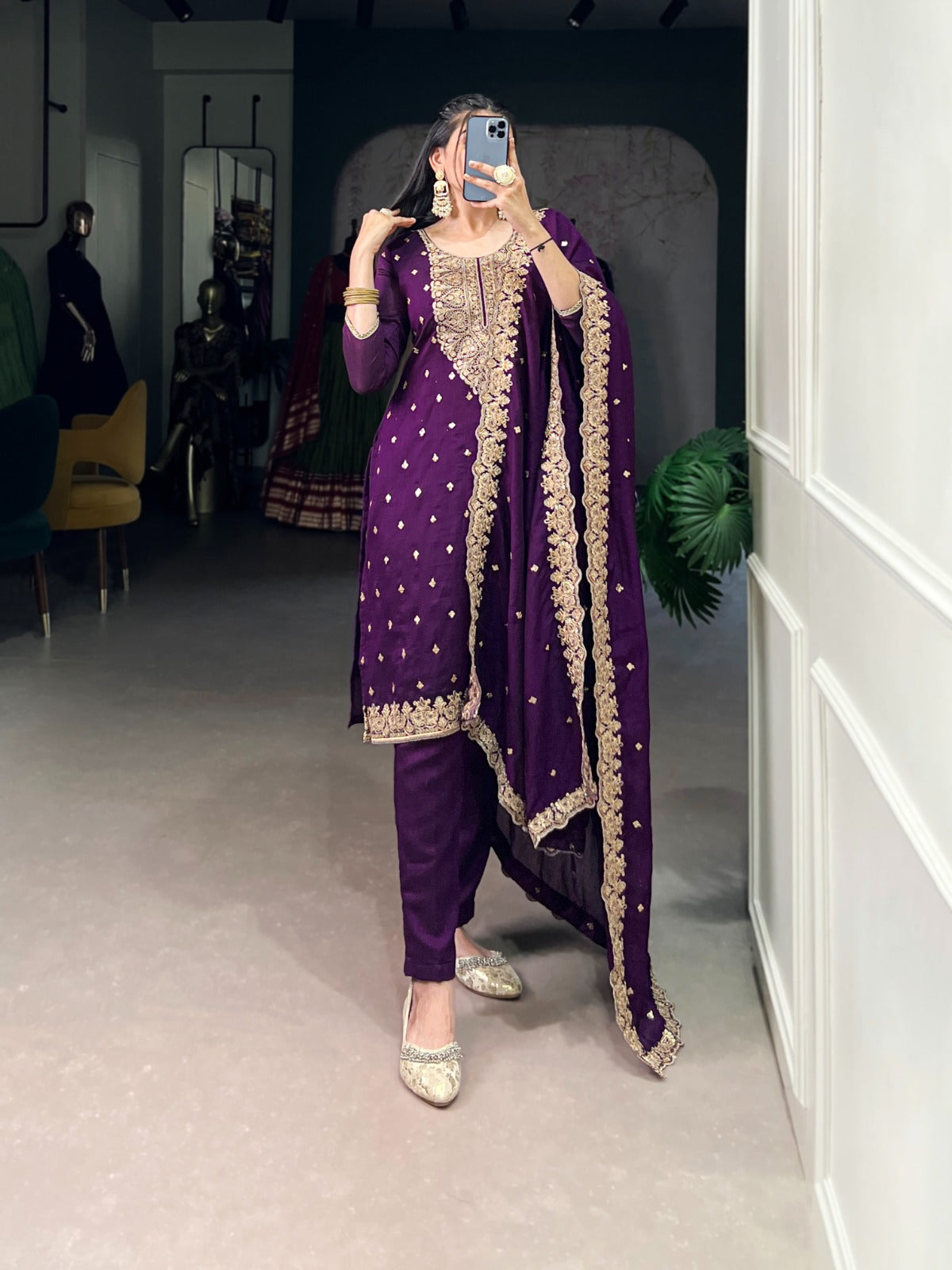 Purple Vichitra Silk Embroidered Suit Set