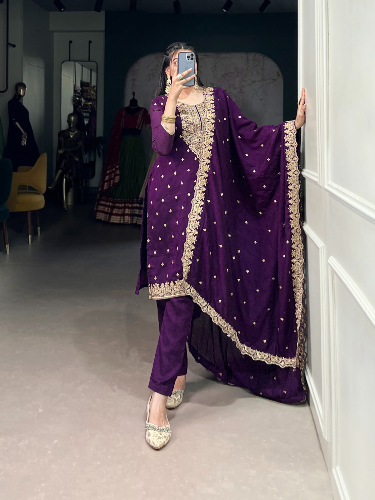 Purple Vichitra Silk Embroidered Suit Set