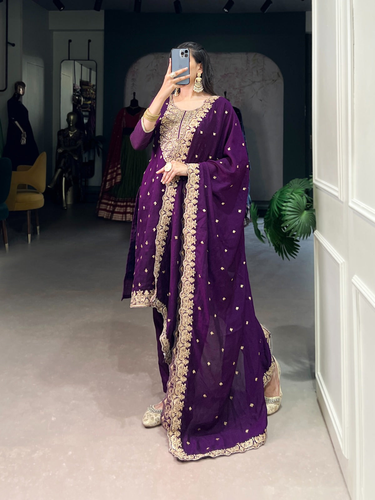Purple Vichitra Silk Embroidered Suit Set