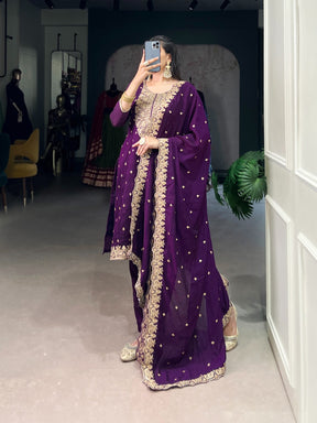 Purple Vichitra Silk Embroidered Suit Set