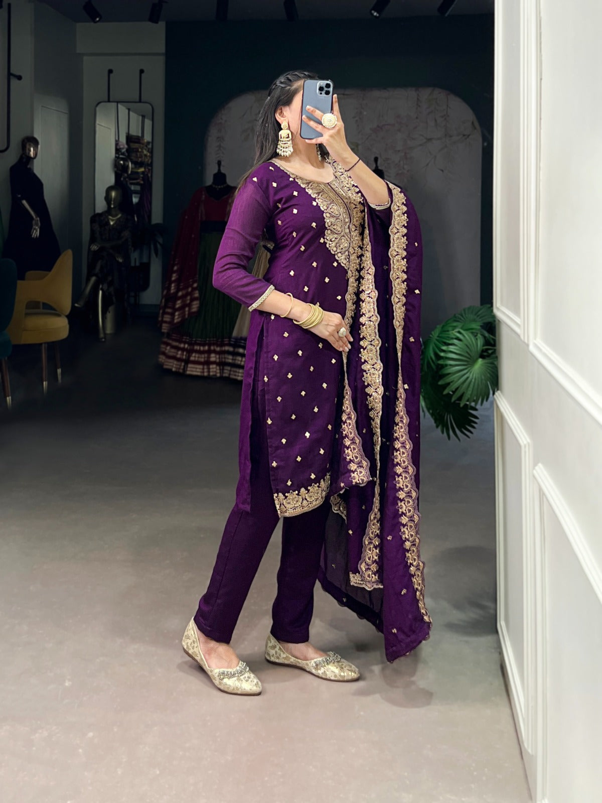 Purple Vichitra Silk Embroidered Suit Set