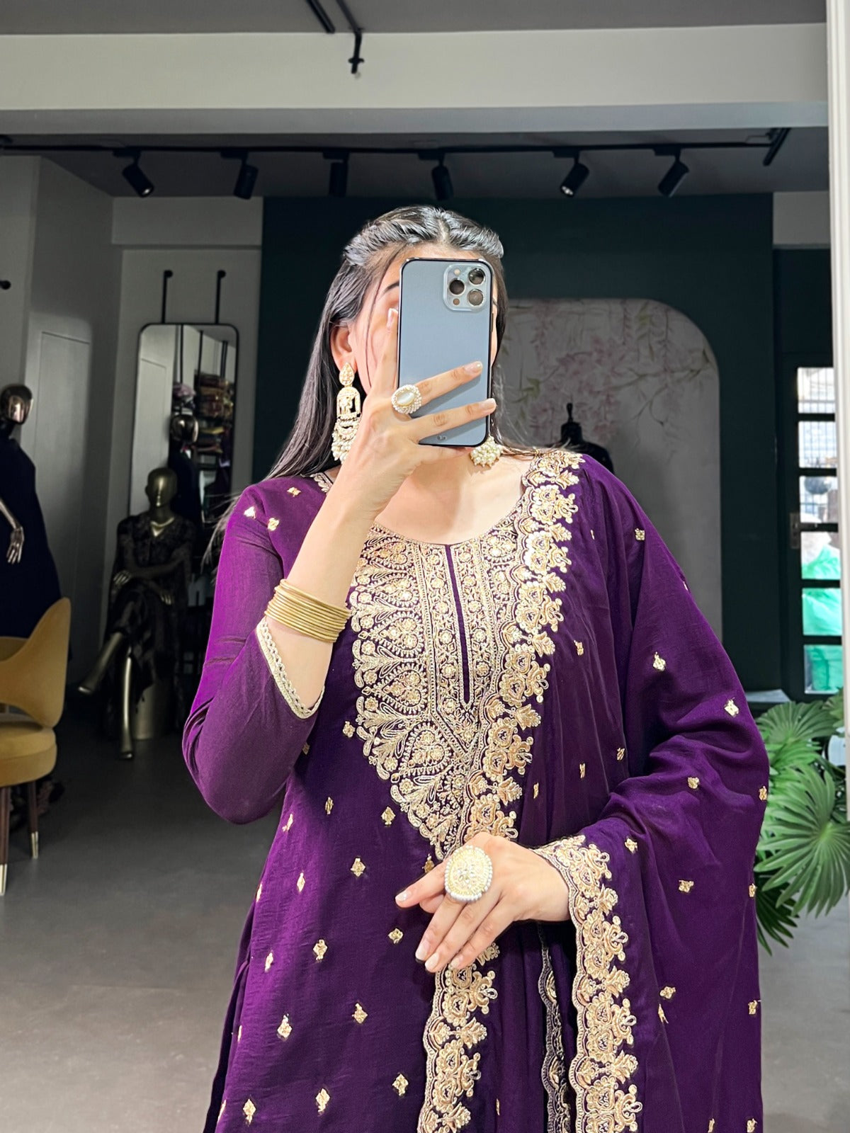 Purple Vichitra Silk Embroidered Suit Set