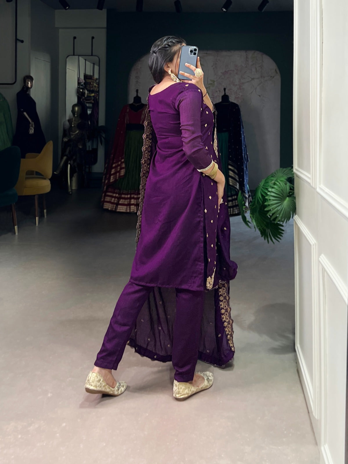 Purple Vichitra Silk Embroidered Suit Set