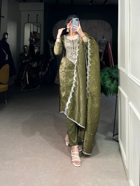 Olive Green Gold Crush Salwar Suit Set