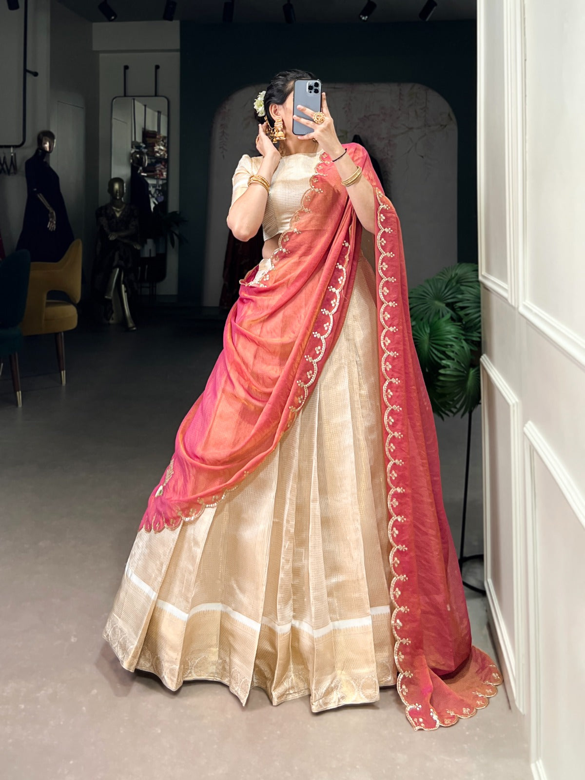 OFF-WHITE JACQUARD ZARI WEAVING LEHENGA CHOLI SET