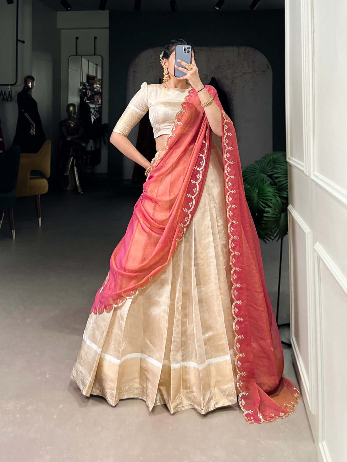 OFF-WHITE JACQUARD ZARI WEAVING LEHENGA CHOLI SET