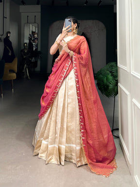 OFF-WHITE JACQUARD ZARI WEAVING LEHENGA CHOLI SET