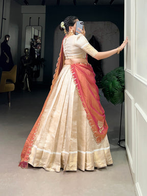 OFF-WHITE JACQUARD ZARI WEAVING LEHENGA CHOLI SET
