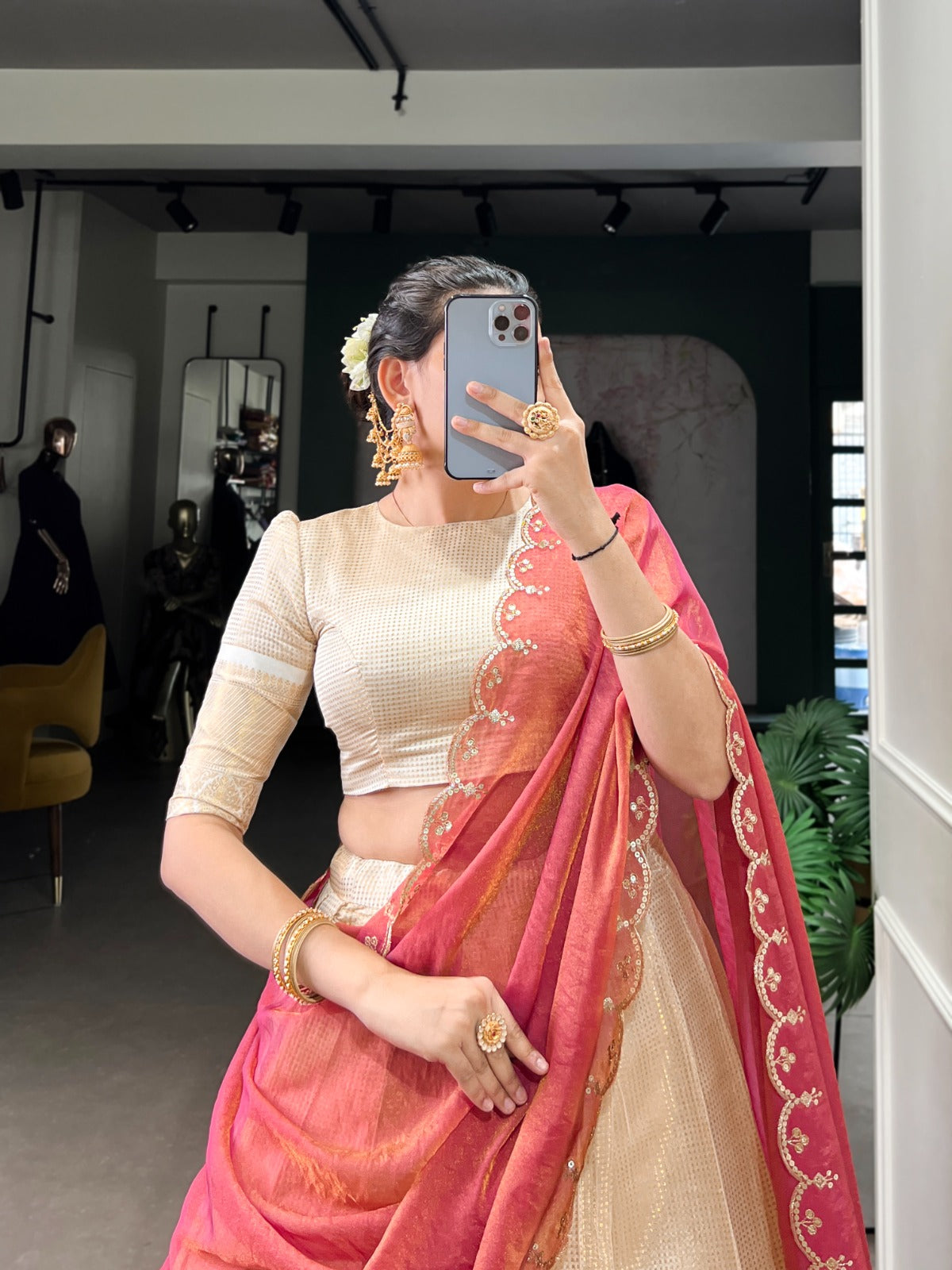 OFF-WHITE JACQUARD ZARI WEAVING LEHENGA CHOLI SET