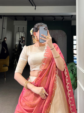 OFF-WHITE JACQUARD ZARI WEAVING LEHENGA CHOLI SET