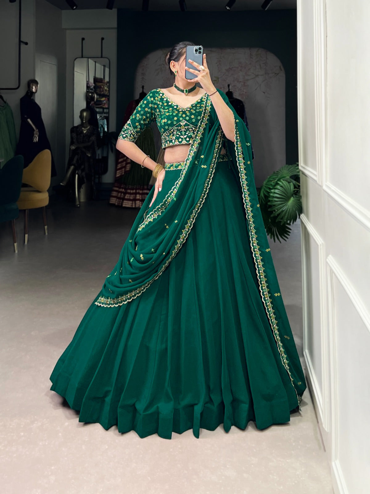 ELEGANT GREEN GEORGETTE EMBROIDERED LEHENGA CHOLI