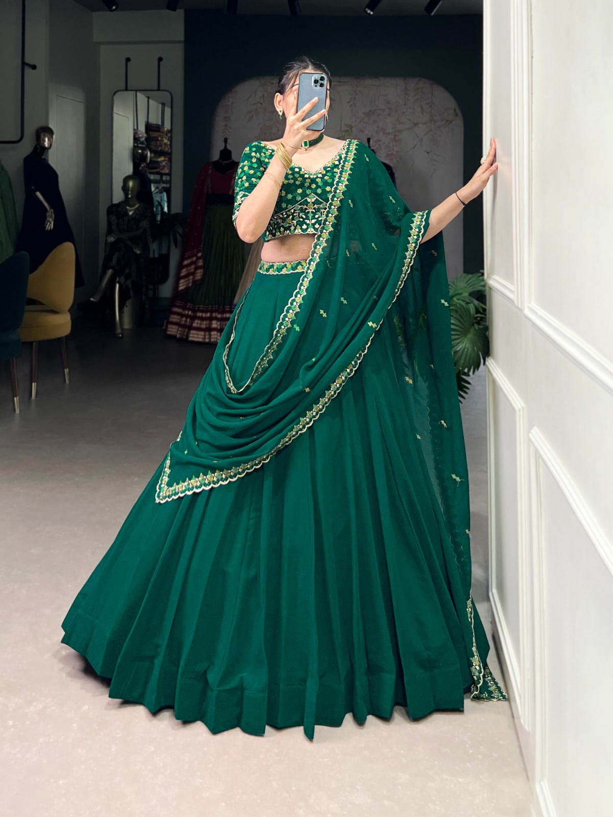 ELEGANT GREEN GEORGETTE EMBROIDERED LEHENGA CHOLI