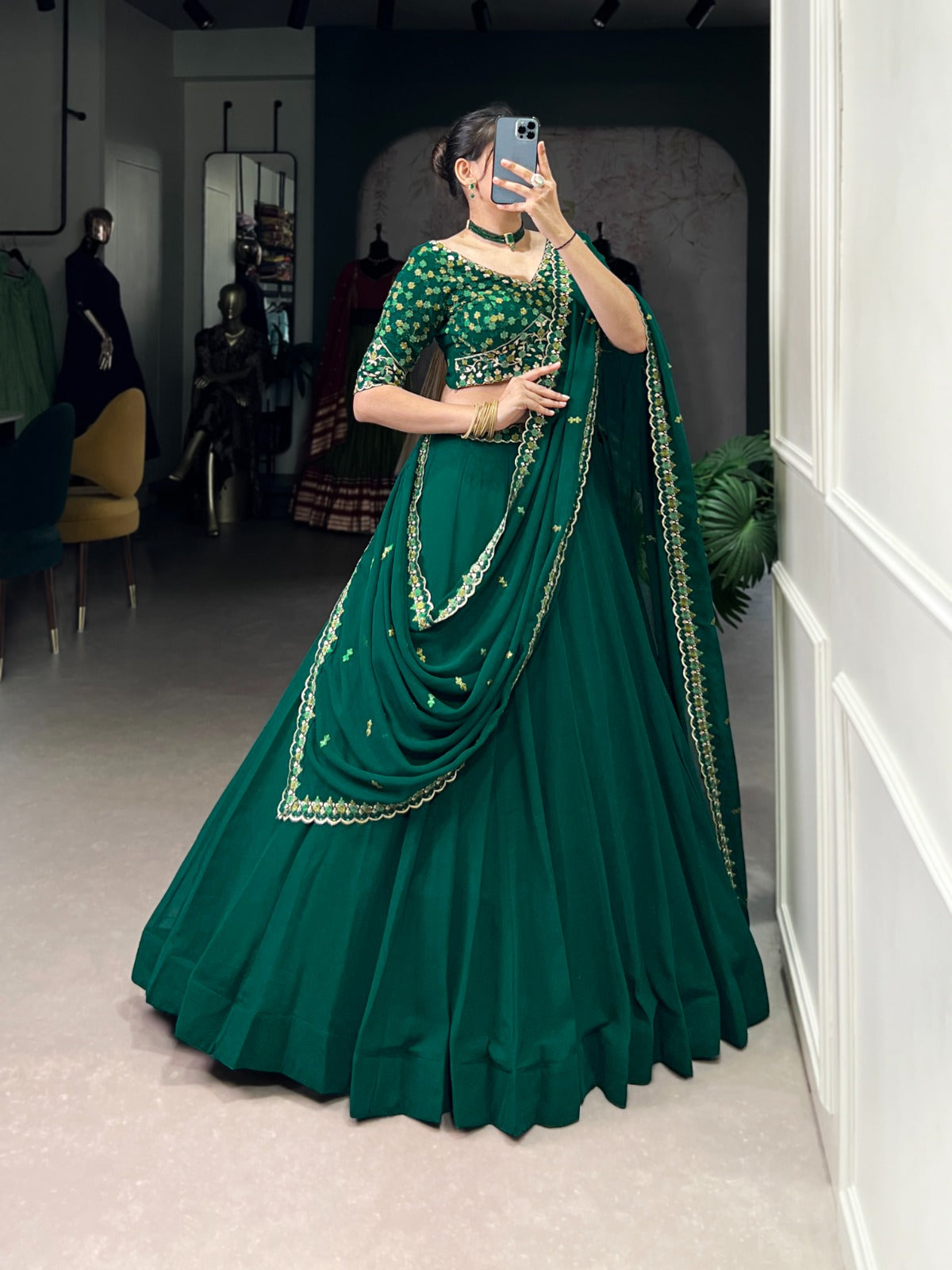 ELEGANT GREEN GEORGETTE EMBROIDERED LEHENGA CHOLI